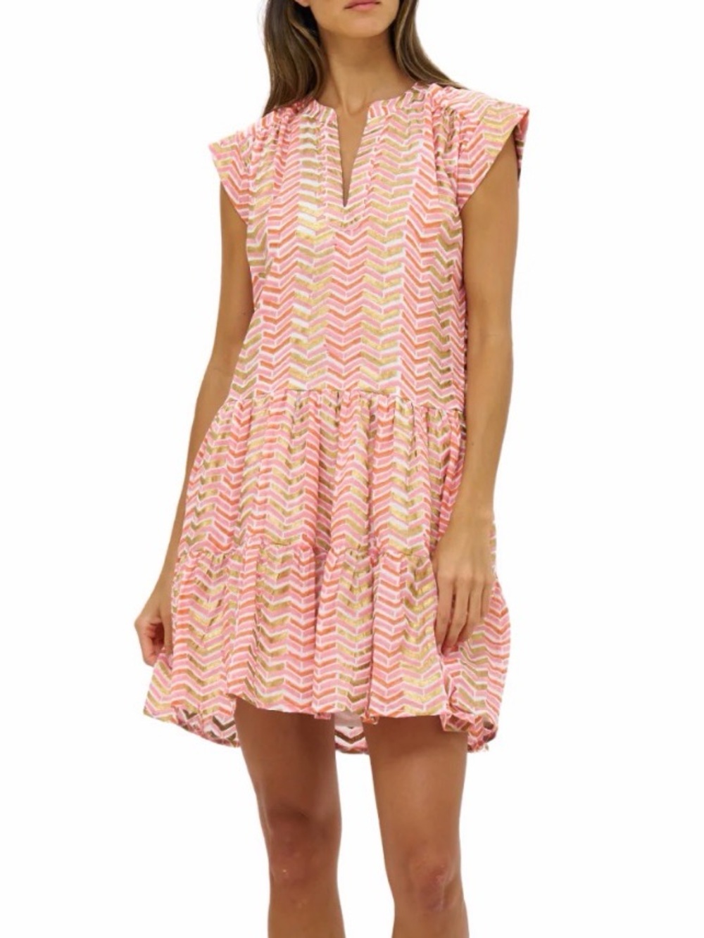 OLIPHANT Designer Pink & Gold Chevron Tiered Ruffle Flutter Sleeve Dress MEDIUM